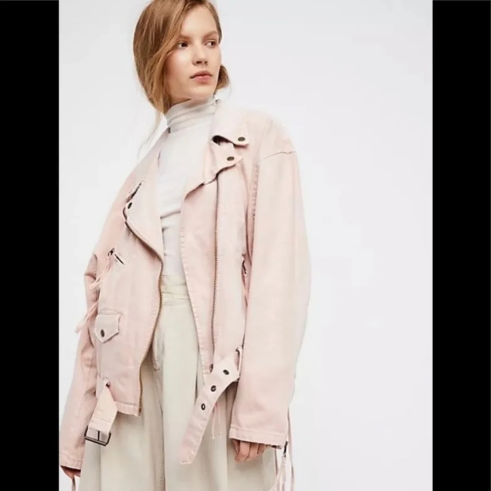 Free People  Oversized Denim Moto Lace Up Jacket - Picture 2 of 5